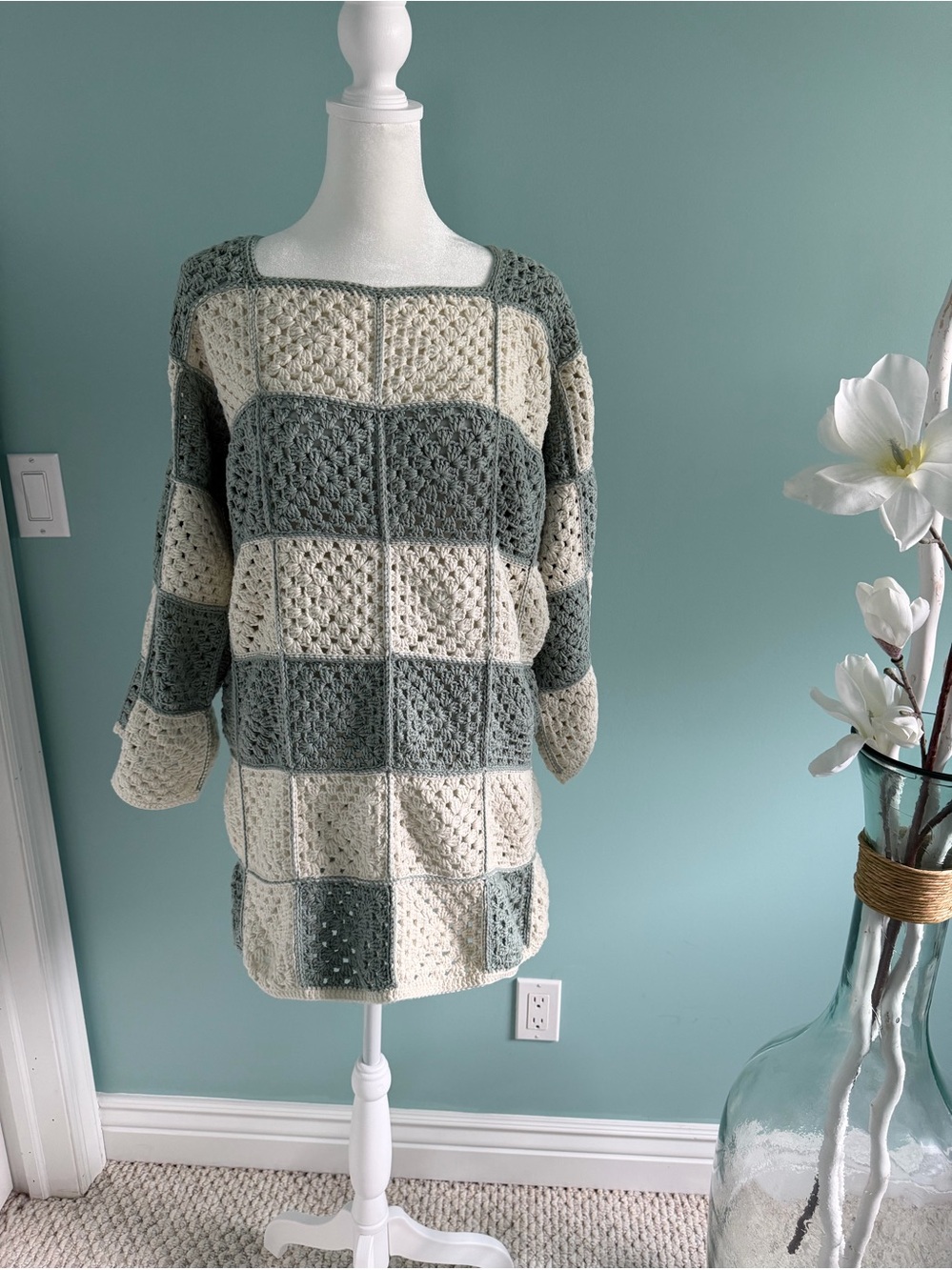 Crochet Patchwork Sweater in Blue and White. Handmade by me. Size medium/large